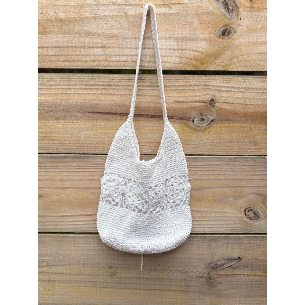 White Crochet Floral Lace Shoulder Bag Boho Summer Knit Tote Handcrafted